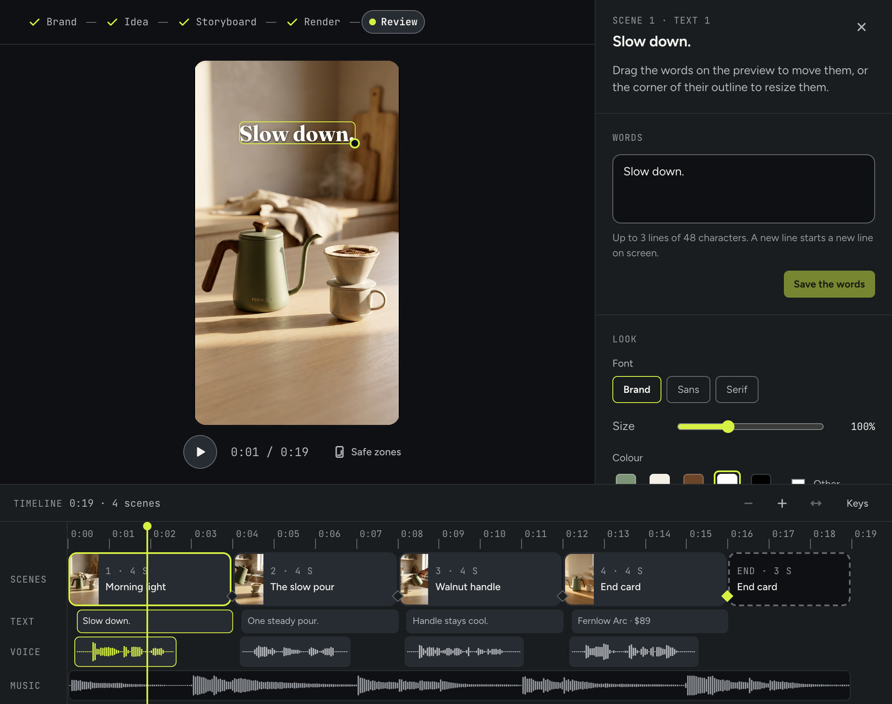 Fraqtl’s editor: a kettle ad’s preview with the words “Slow down.” selected on the picture, their settings beside it, and the timeline of scenes, text, voice and music below.