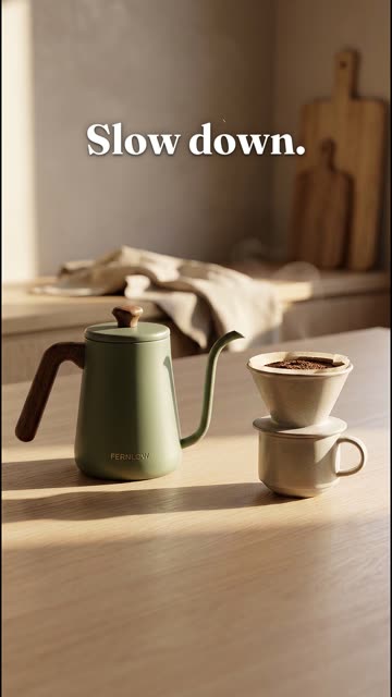 A vertical ad: a sage green gooseneck kettle beside a pour-over dripper on an oak counter in low morning sun, with the words “Slow down.”