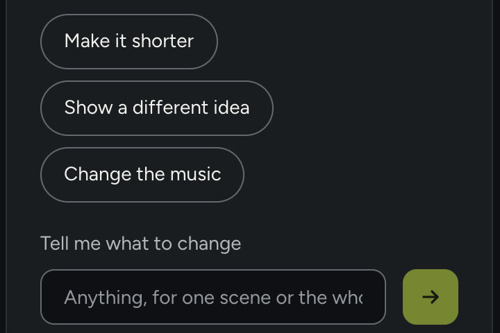The conversation beside an ad: suggestions such as Make it shorter and Show a different idea, and a field to say what to change.